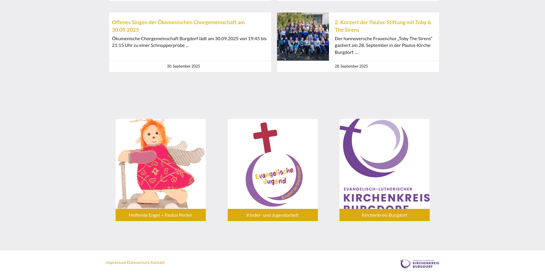 Screenshot der Startseite der Paulus-Kirchengemeinde Burgdorf. Zu sehen sind verschiedene Kacheln mit Bildern, z.B. "Helfende Engel" oder "Evangelische Jugend"